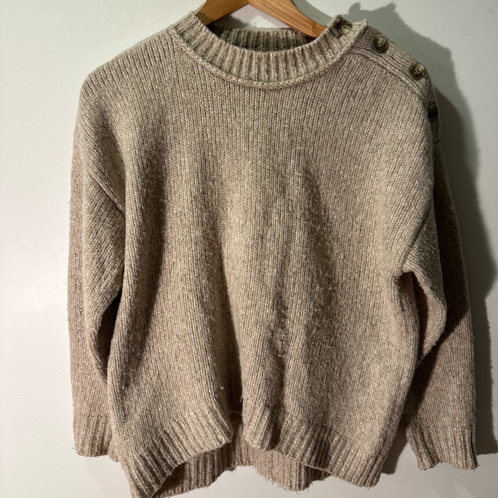J. Crew Women’s Tan Beige Cream Sweater with Button Up Shoulder